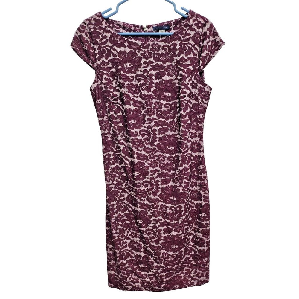 Tommy Hilfiger Womens Midi Dress Size 8 Burgundy Floral Short Sleeve Carrier